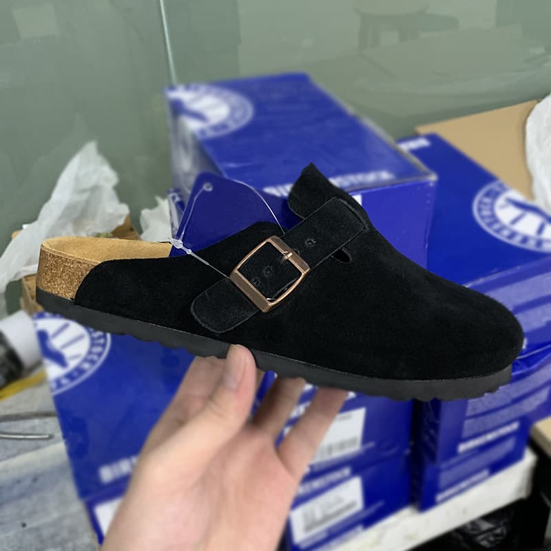 Pantoufles en cuir de vachette pour hommes et femmes, chaussures confortables en liège, semelle plate, bout décontracté