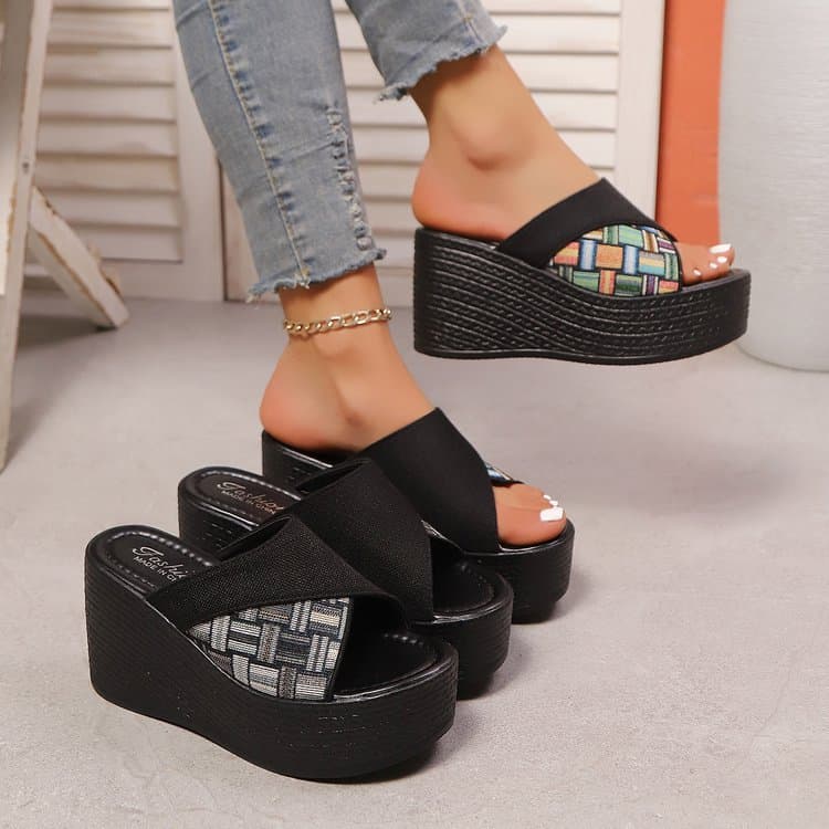 Wedge Slippers Women Wear Thick Soled Fish Mouth Lady Slippers Contrast Color Women's Shoes