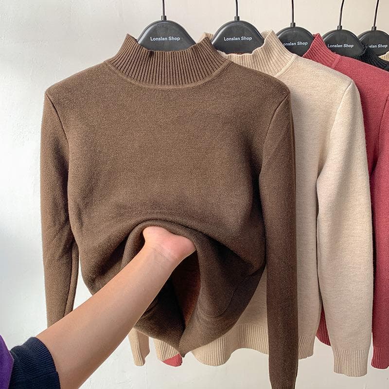Women's Fleece-Lined Knit Turtleneck Sweater - Soft & Warm Winter Pullover With Plush Inner Layer, Cozy Half Mock Neck Design For Cold Weather