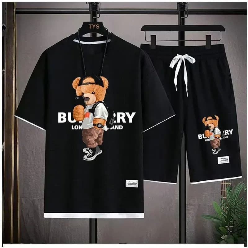 Men's Clothing Hip Hop Summer Street Style Men's Waffle Suit Cool Bear Pattern Luxury T-Shirt And Shorts Set