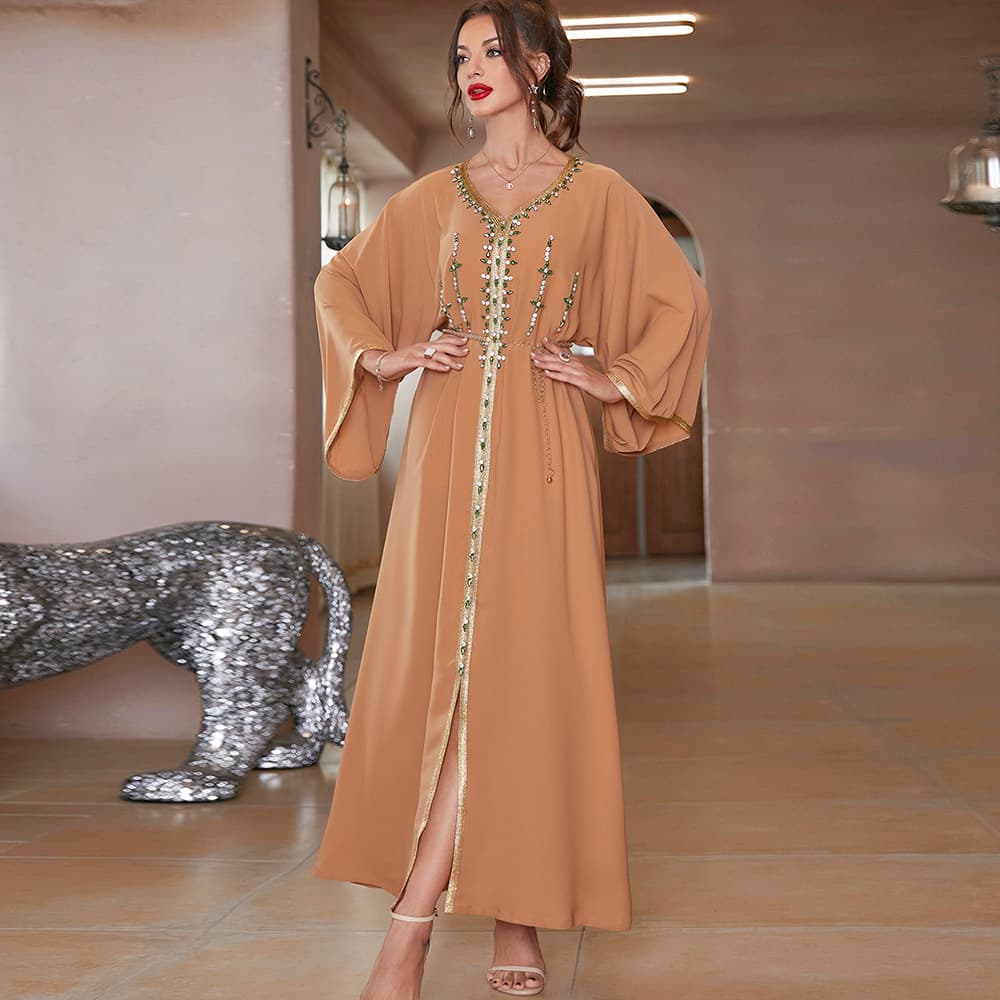Women's Clothing BA7061 khaki hand stitched diamond travel sleeve dress robe abaya