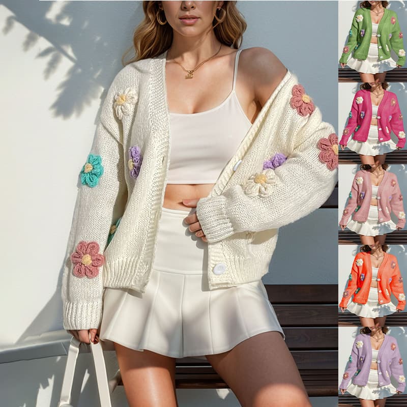 Women's Clothing Floral Pattern Button Knit Cardigan Cute Loose Long Sleeve Sweater