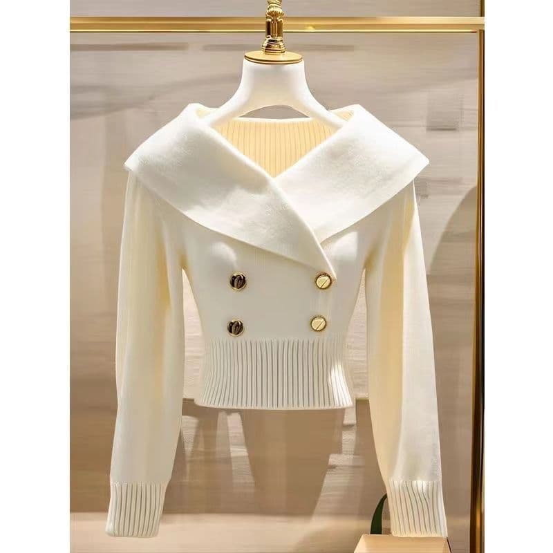 Chic Oversized Collar Knit Sweater For Women – Slim-Fit Cropped Pullover With Flattering Waist Definition, Soft & Stylish For Casual & Office Wear