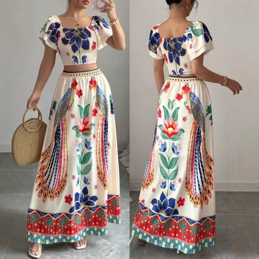 Women's Clothing New Printed Leisure Vacation Style Bohemian Short Sleeved Top Long Skirt Ladies Suit
