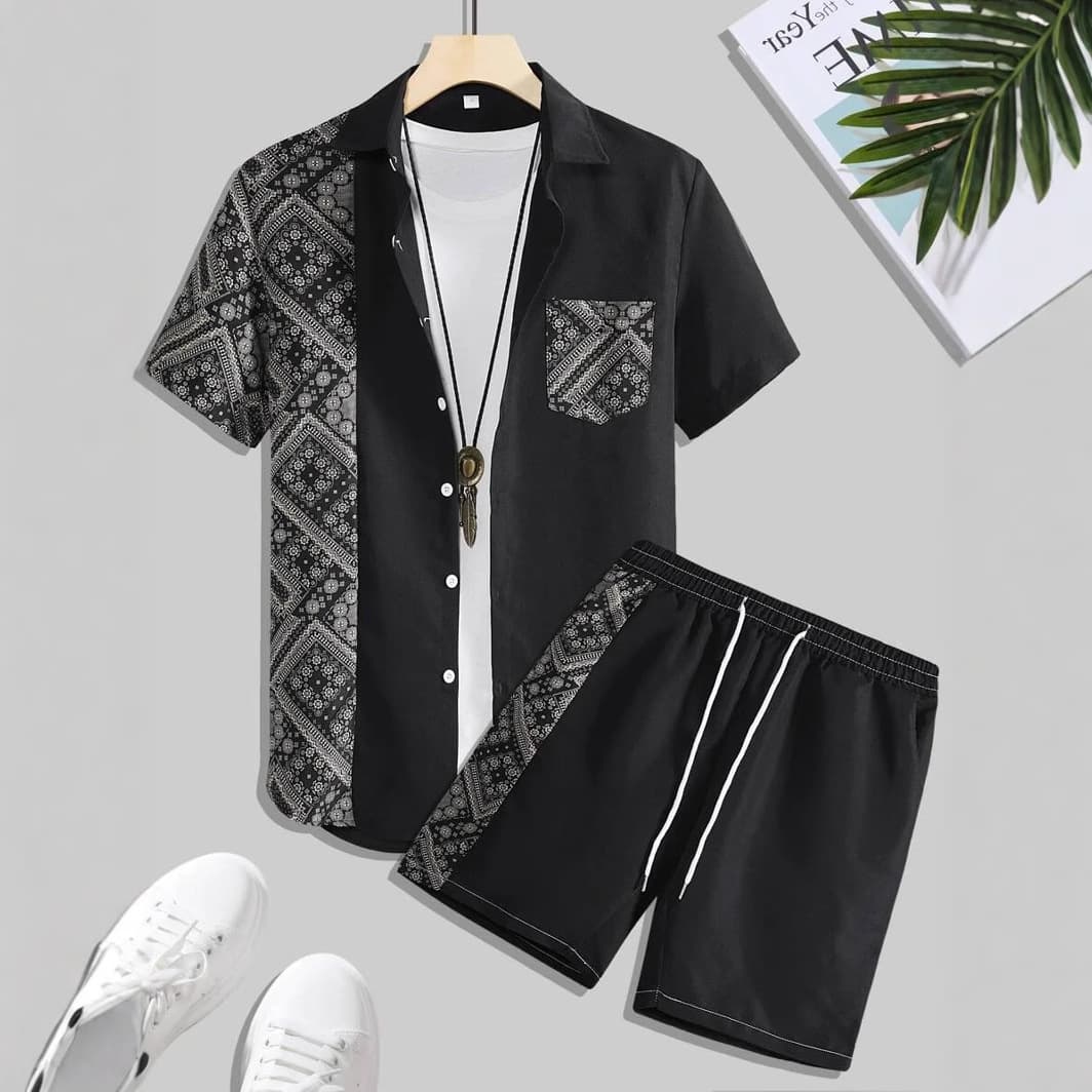 Men's Clothing Retro Contrasting Pattern Printing Cross Border Vacation Shirt Shorts Two Piece Set