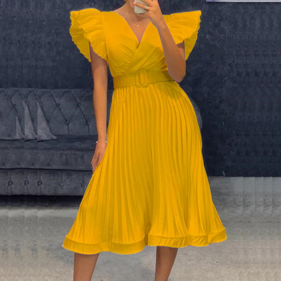 Women's clothing sexy V neck flying sleeves pleated dress