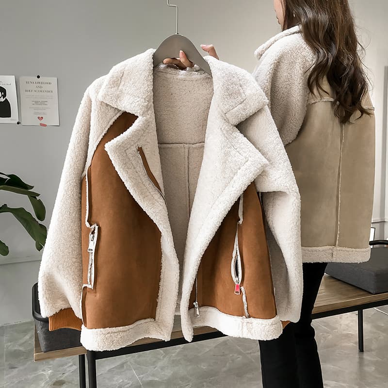 Women's Short Lambswool Motorcycle Jacket With Loose-fitting Fleece Fleece For Winter