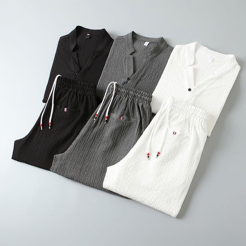 Men's Summer Ice Silk Hanfu Clothing Set Casual Cotton Linen Short Sleeve Shirt In Black White Gray