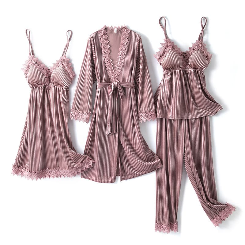 Striped Gold Velvet Pajamas Women's Four-piece Suit Long-sleeved Sexy Nightgown With Breast Pads Nightgown Trousers Home Wear
