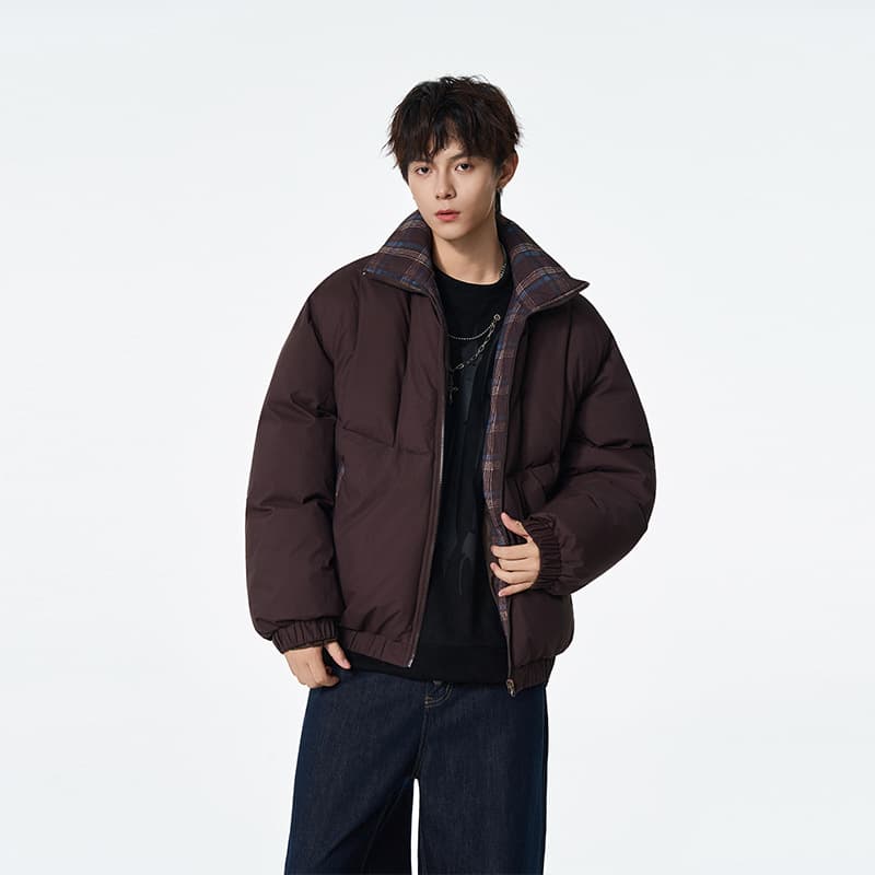 Men's Clothing Men's Streetwear Puffer Jacket - Winter Stand Collar Coat With Polyester Fill, Loose Fit, Casual Zip-Up Style In Cream/Black/Coffee​