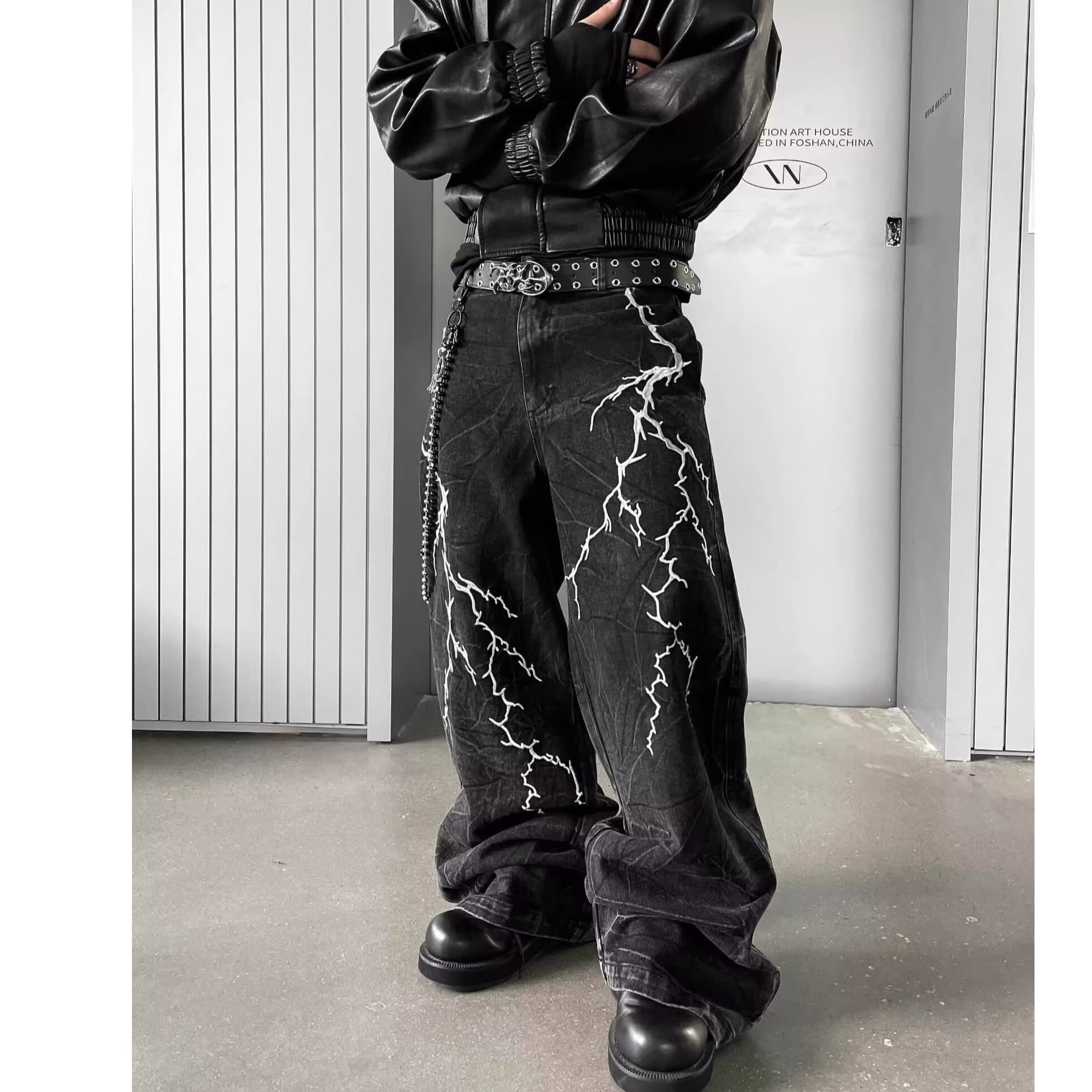 Men's Clothing Retro Niche Washed Lightning Pattern Embroidered Jeans For Men And Women High Street Hip Hop Loose Straight Casual Trousers