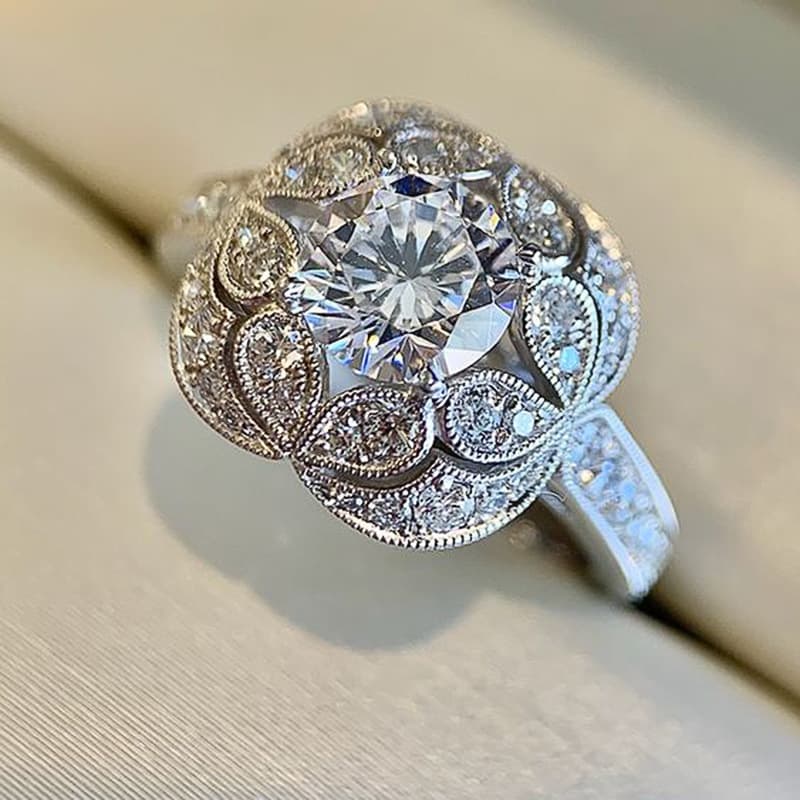 Jewelry & Accessories Ethnic Style Jewelry Retro Flowers Zircon Ring Exquisite Flowers Round Diamond Women's Finger Ring