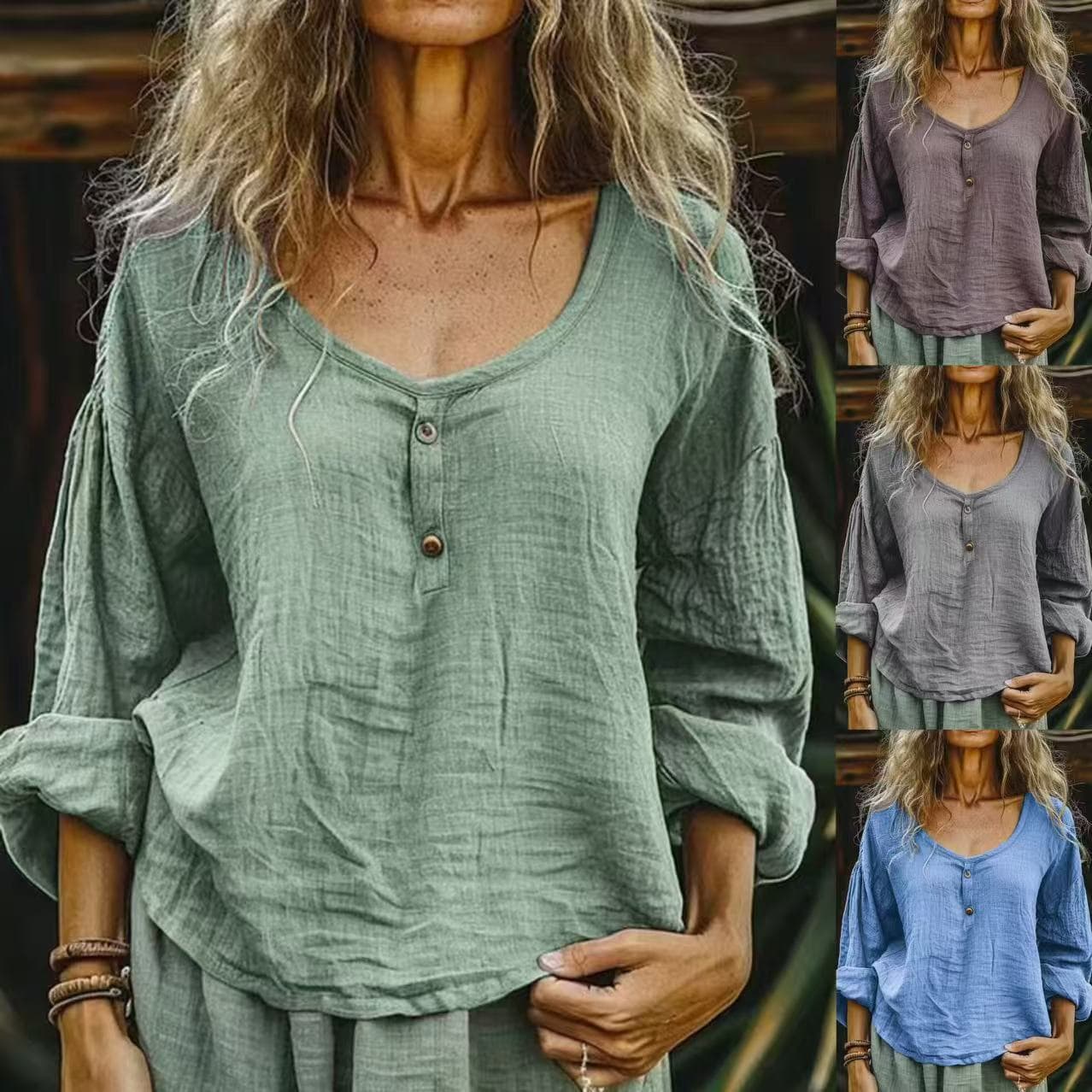 [Cotton Linen] Women's Clothing Spring New Women's Casual Loose Fashion Long Sleeved Cotton And Linen Solid Color Round Neck Button Shirt