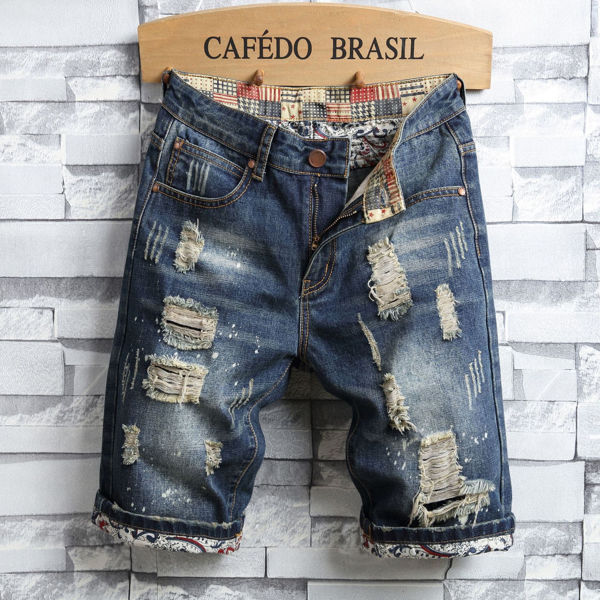 Men's Denim Shorts Retro Ripped Slim Men's Cropped Pants Patch Pants