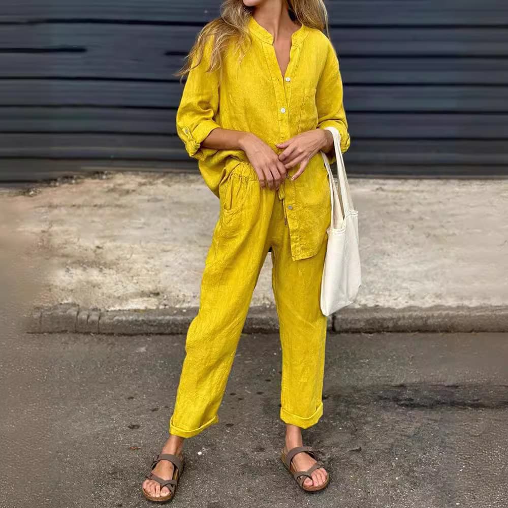 [Cotton Linen] Women's 2-piece Set Large Size Cotton And Linen Shirt Set High Waist Loose Trousers