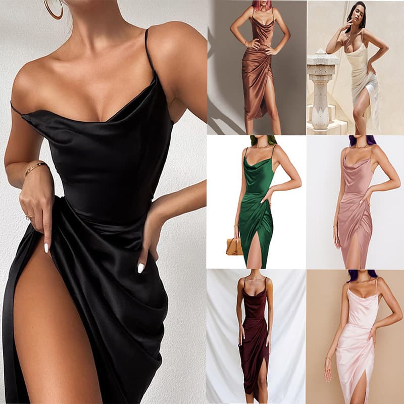 2025 Fashion Foreign Trade Satin European And American Slim Fit Elegant Sexy Strap Slit Dress