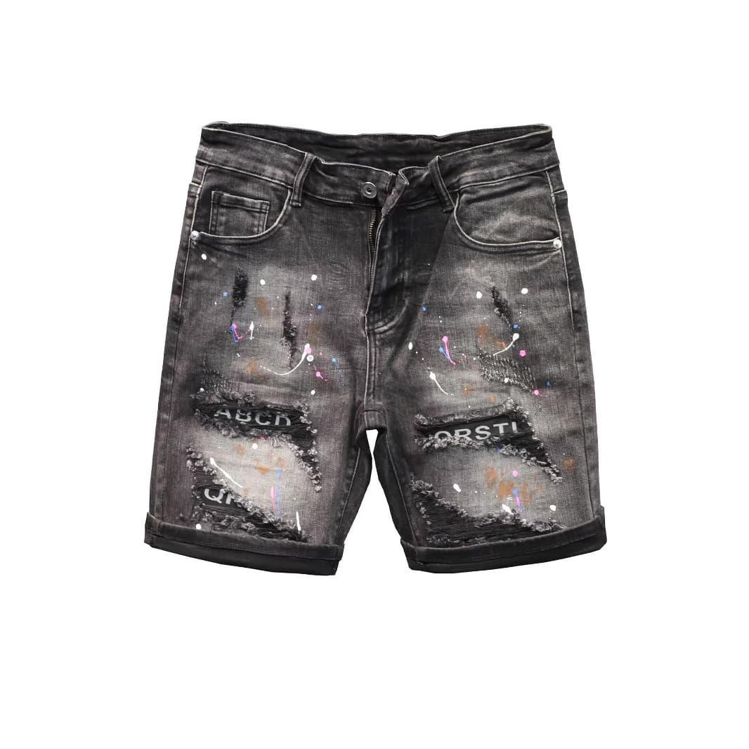 Men's Clothing Summer Trend Ink Splash Hole Retro Denim Shorts Trend Straight Thin Five Point Pants Youth Breeches