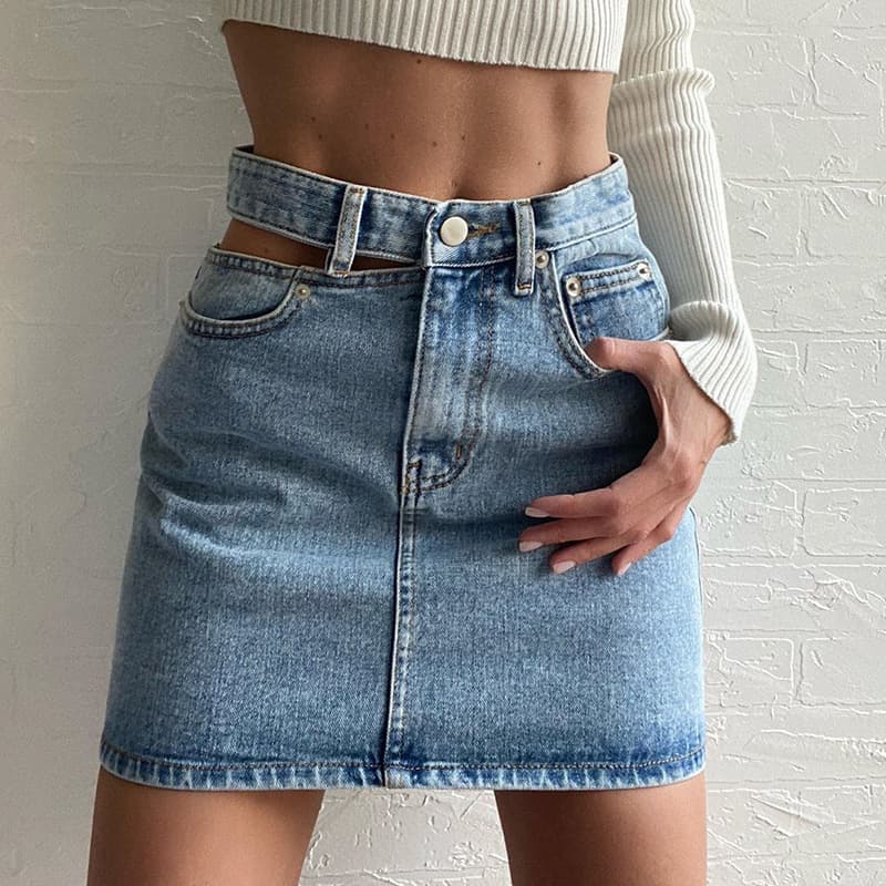 Women's Clothing Single Side Hollow Denim Skirt High Waist Slim Casual Hip Denim Skirt