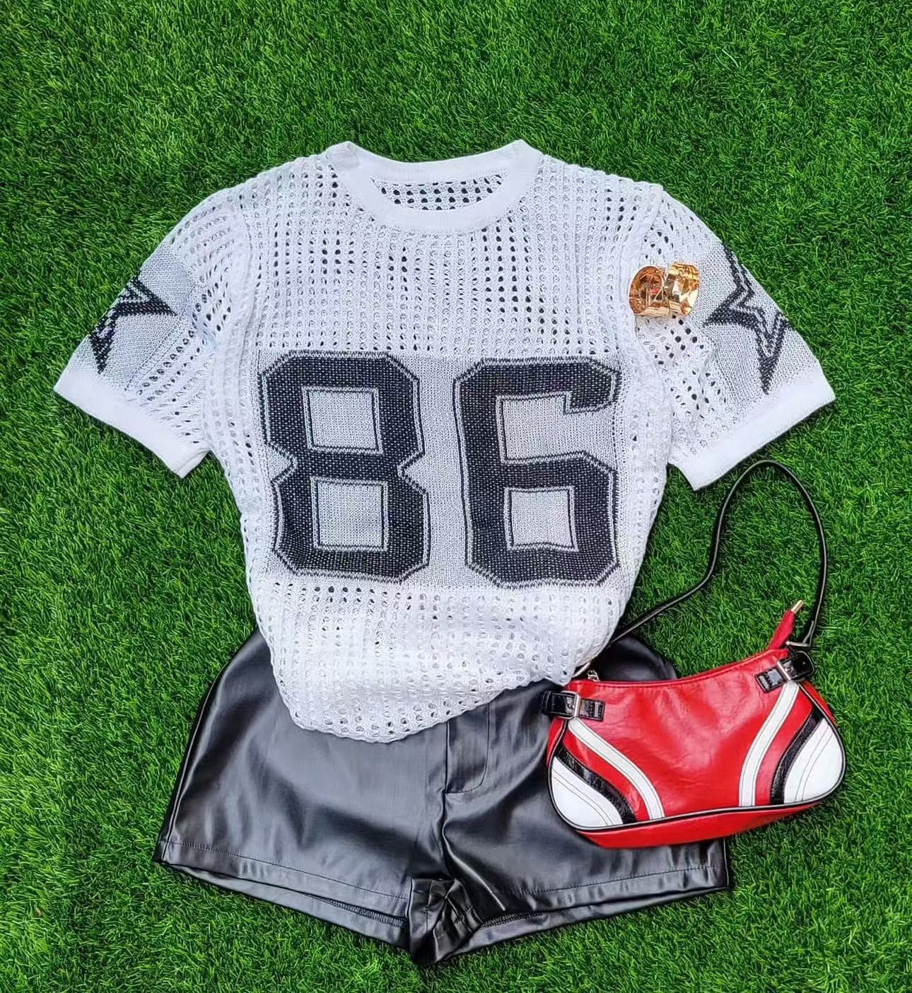 [Jersey]Women's Clothing New Stitching Fashion Versatile Printing Mesh Breathable Sports Style Sweater Short Sleeved Top
