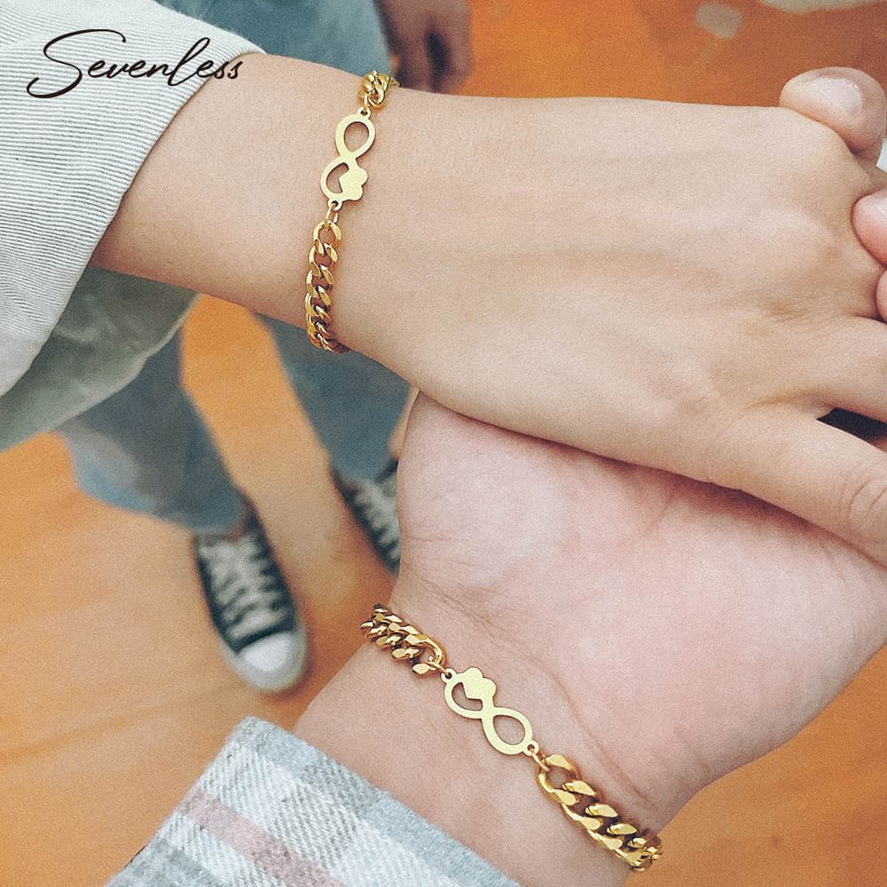 2022 New Fashion INS Style 2 Pieces/Set Couple Stainless Steel Heart-Shaped Bracelets Cuban Set Unisex Bangles