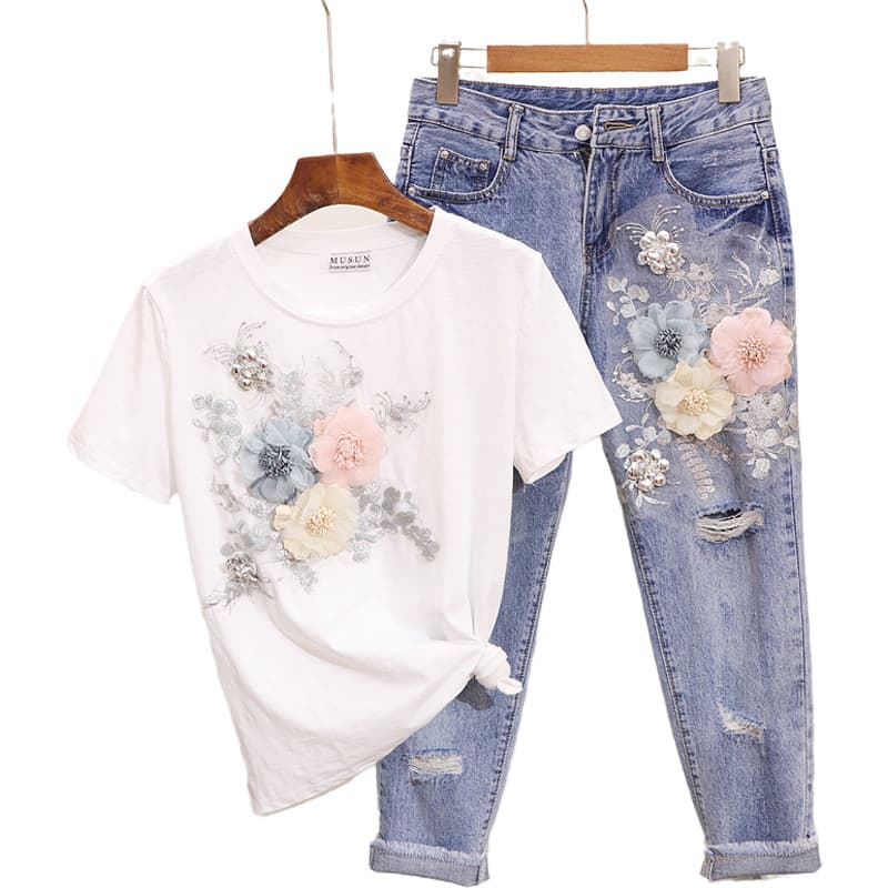 Women's Clothing popular women's fashion suit summer embroidered three dimensional flower T shirt + ripped nine point jeans