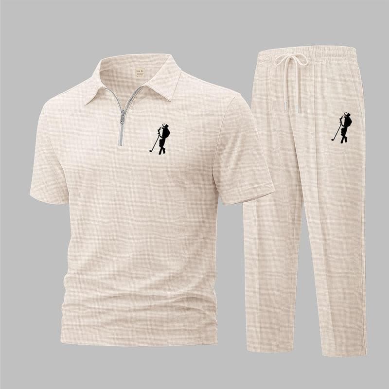 Men's 3D Printed Solid Color Waffle Suit Lapel Short Sleeve Zipper Pants Casual Spring Autumn