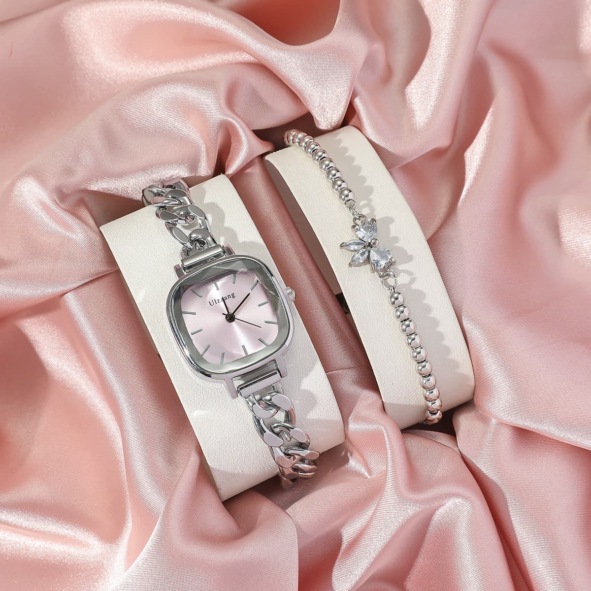 Women's Watch And Jewelry Set Purple Aurora Dial Square Bracelet Watch + Butterfly Rhinestone Bracelet Set For Students