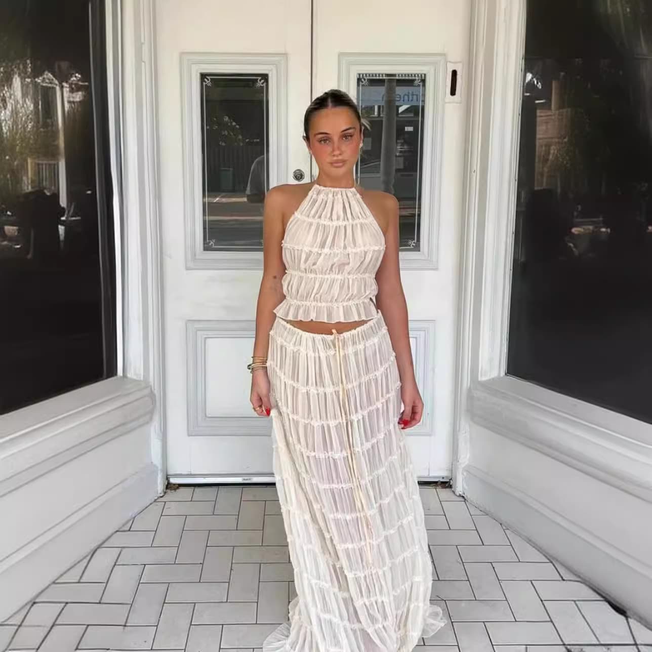 Women's Clothing Sexy Backless Halter Neck Pleated Lace Vest Long Skirt Suit