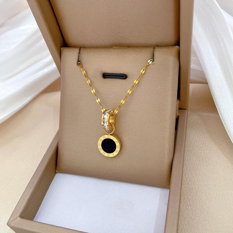 Stainless Steel Black Enamel Roman Numeral Circle Crystal Pendant Necklace For Woman Fashion Pop Jewelry