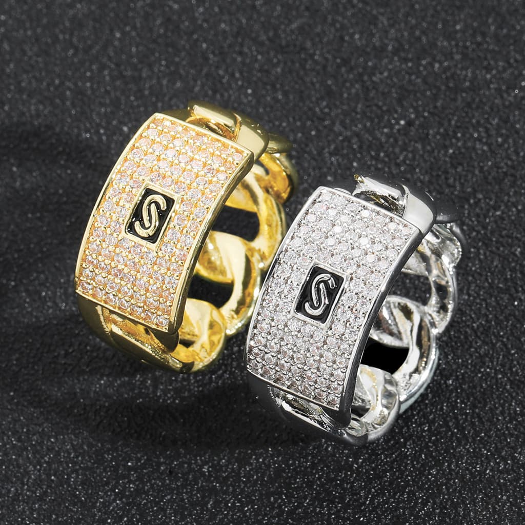 Hip Hop Men's Geometric Zircon 14K Gold Full Diamond Cuban Chain Design Trendy Ring