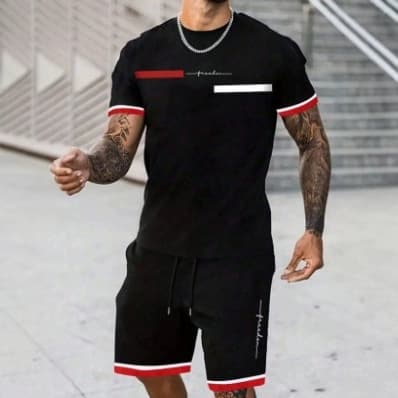 Men's Short Sleeve T-Shirt & Shorts Set - 2024 New Design Casual Summer Outfit (Black/White)