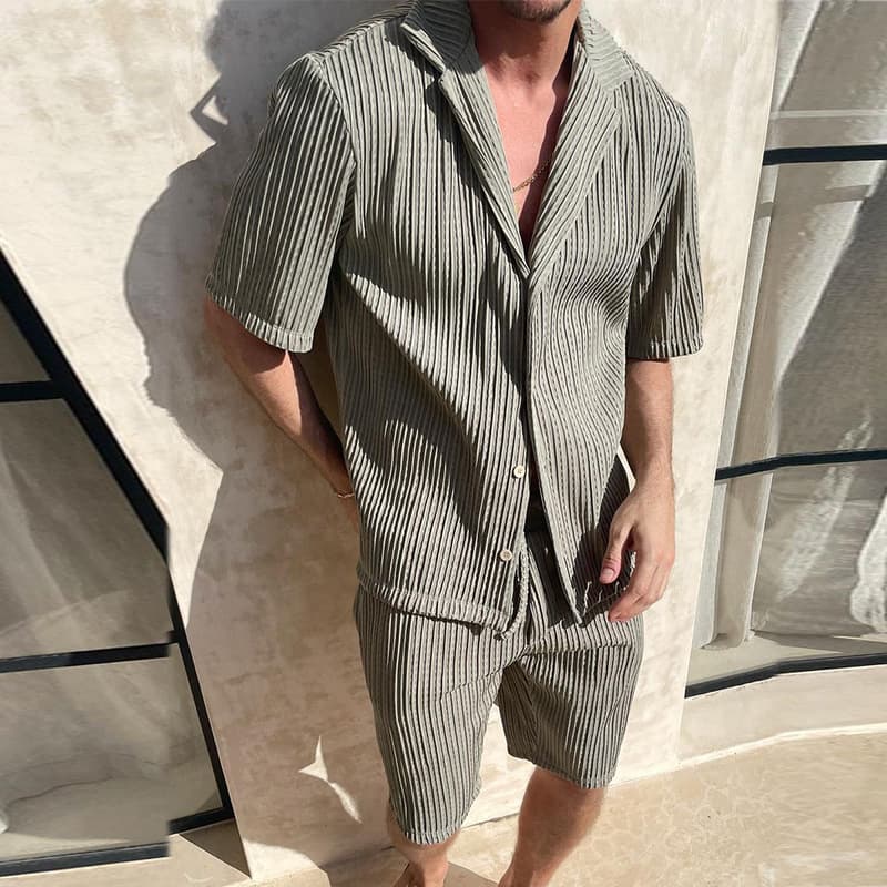 Men's Casual Loose Short-sleeved Shirt Shorts Fashion Striped Men's Suit Men's Two-piece Suit Men's Sports Suit
