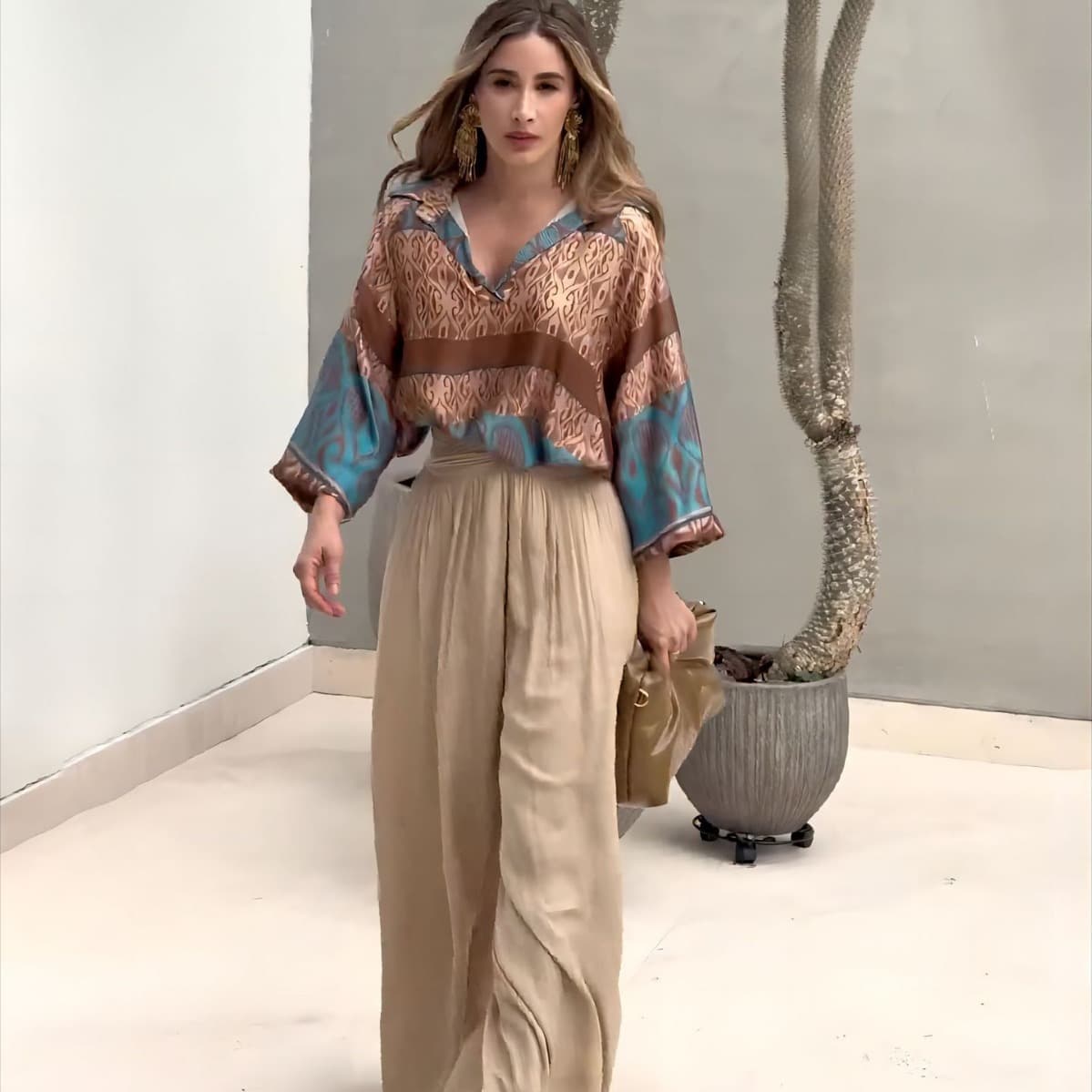 Women's Clothing autumn new positioning printed tops wide leg pants two piece set