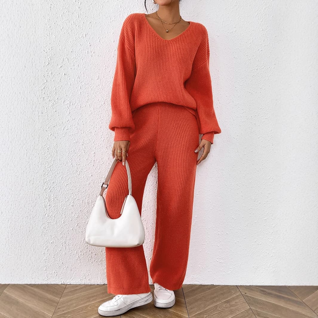Women's Casual Knit Sweater Set V-Neck Loose Top + Solid Wide Leg Straight Pants Two-Piece Outfit