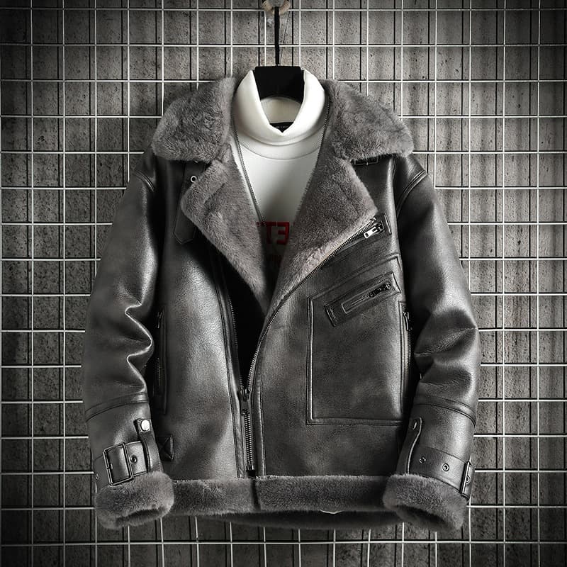 Men's Clothing winter quality leather fur plus velvet thickened jacket men's lapel leather jacket large size men