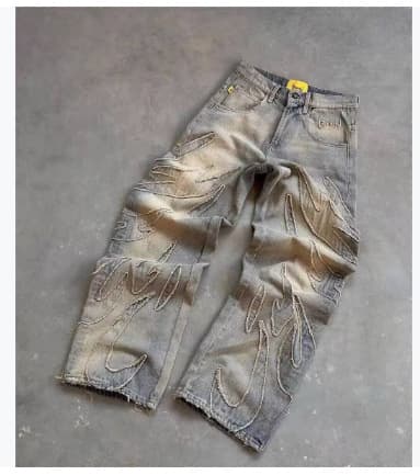 Jean rétro Y2K – Pantalon ample hip-hop avec broderies et patchwork pour une esthétique streetwear