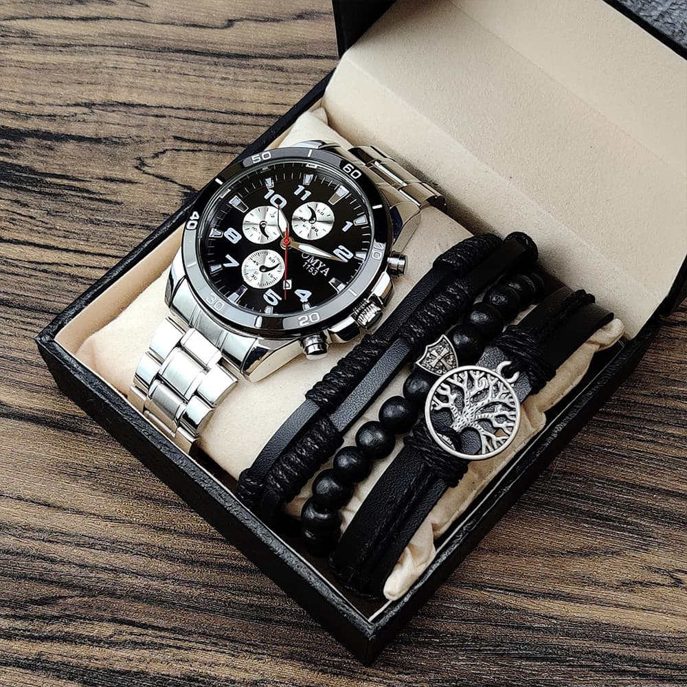 Fashion Waterproof Men's Watch Bracelet Set Belt Stainless Steel Strap Calendar Quartz Watch Gift Box