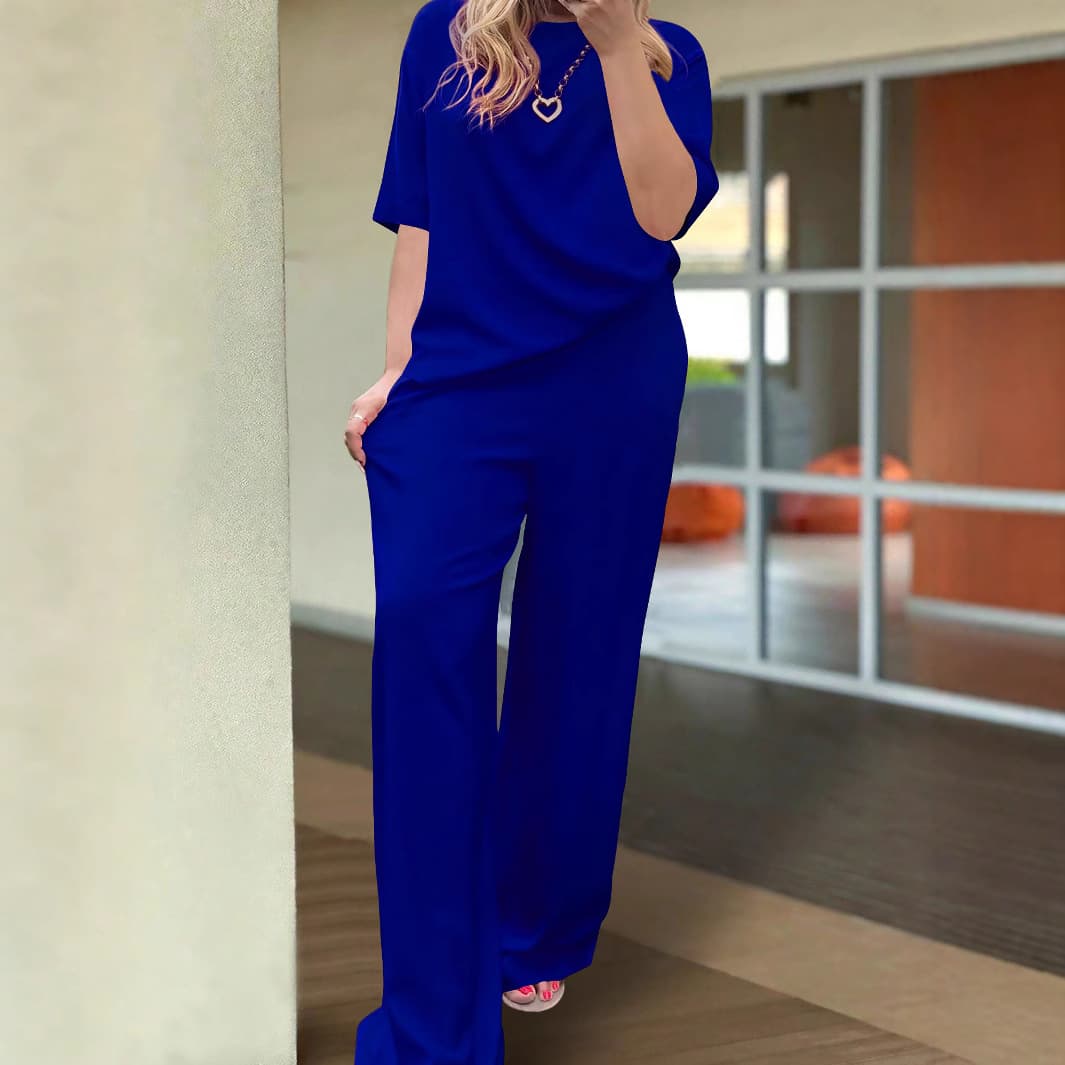 Ensemble d'été décontracté pour femme : pantalon uni, haut à manches courtes et col rond, taille élastiquée et poche.