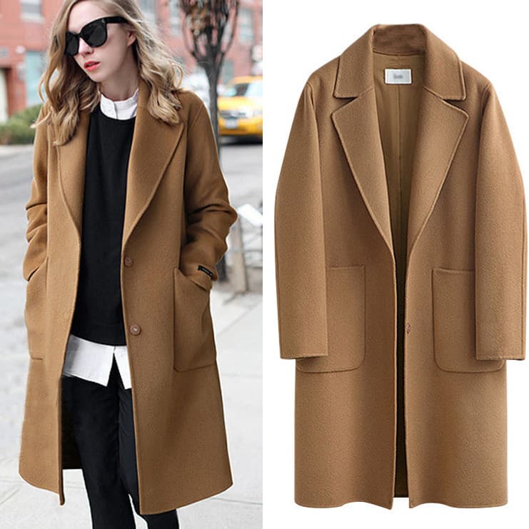Women's Clothing Women's Long Wool Coat Double-Faced Overcoat Loose Fit Trench Coat For Autumn Winter Casual Outerwear In Camel & Black