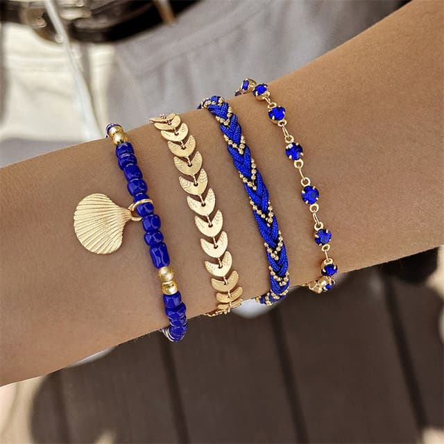 4 Pcs/setBohemian Shell Women, Ethnic Style, Colorful Zircon Rice Beads, Metal Chain Bracelets For Girls, Summer Beach By Girl's Beauty Lab