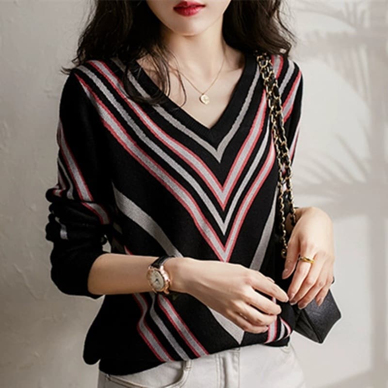 Women's Clothing Slim Fit V-Neck Striped Knit Sweater – Versatile Long Sleeve Pullover For Women (Black/White, M-XXXL)