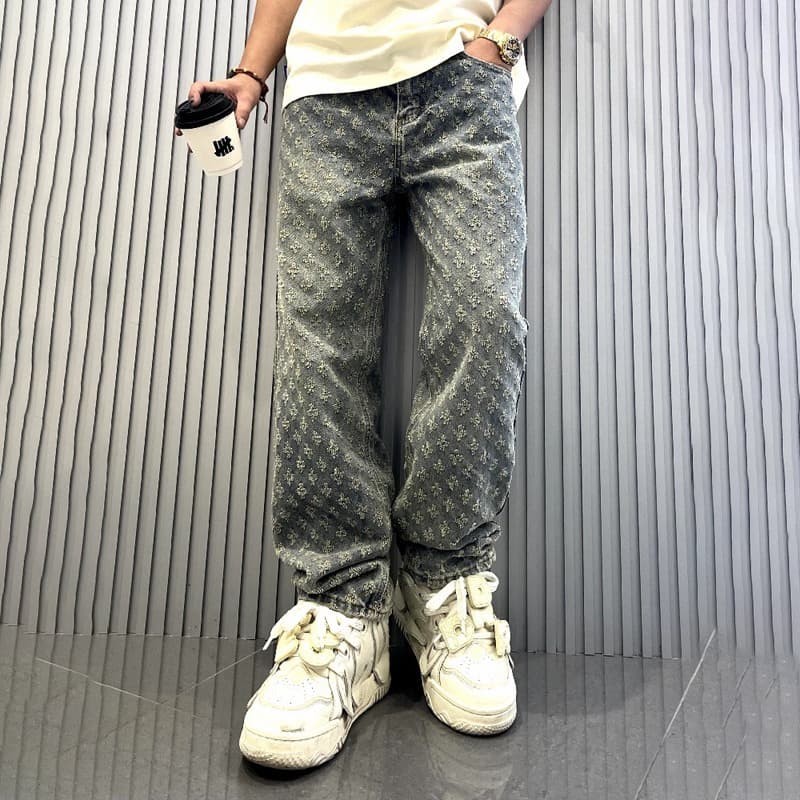 Men's Clothing Print High Street Fashion Brand Ins Design Jeans Loose Straight Washed Wide Leg Long Pants