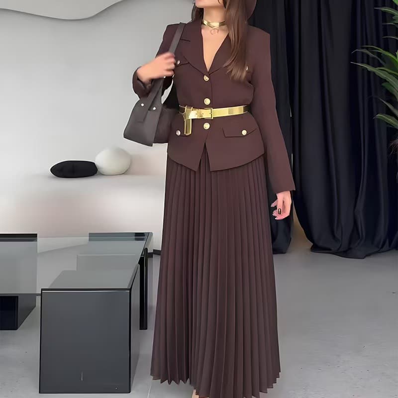 Elegant Long Pleated Skirt Set For Women - Spring Casual Outfit, Comfortable Polyester Fabric, S-XXL