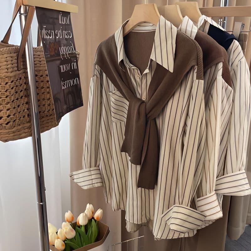 Elegant Autumn Shawl Collar Striped Shirt For Women - French-Inspired Long Sleeve Blouse With Layered Design​