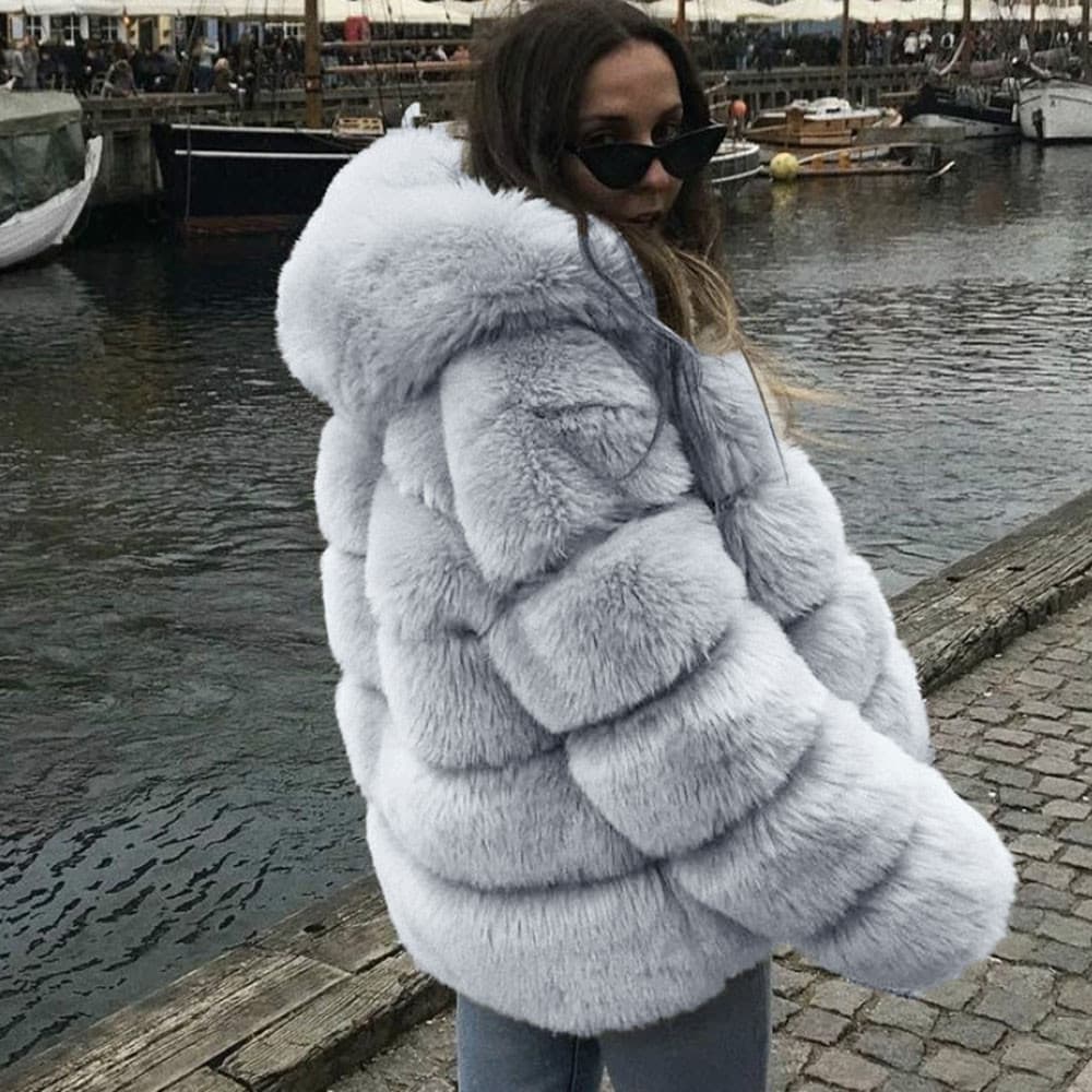 Women's Fashion Warm Coat Fox Fur Hooded Coat Faux Fur