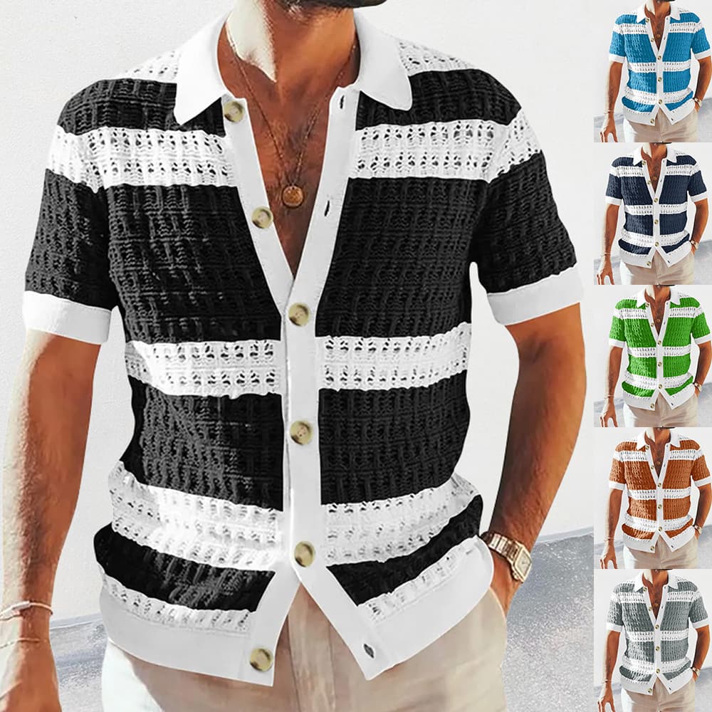 Men's Clothing Knitted Sweater Lapel Short Sleeve Colorblock Hollow Cardigan