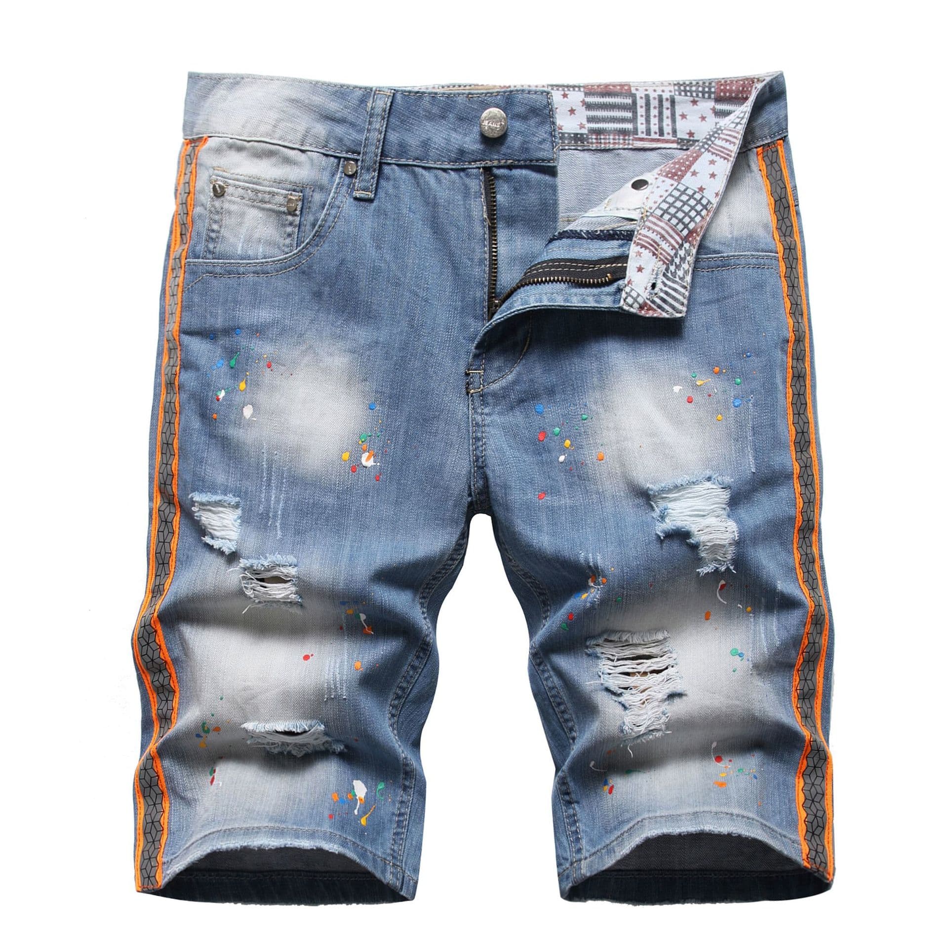 Man's Clothing Trendy Shorts Night Reflective Colored Webbing Ripped Hand Paint Denim Midget Pants