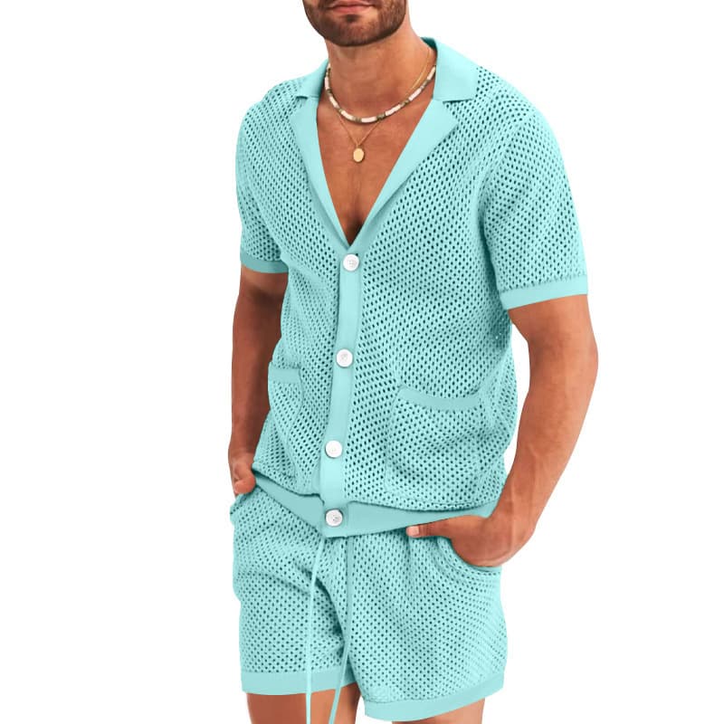 Men's Clothing Summer Suit Hollow Knitted Sweater Men's Casual Lapel T-Shirt Men's Sports Suit