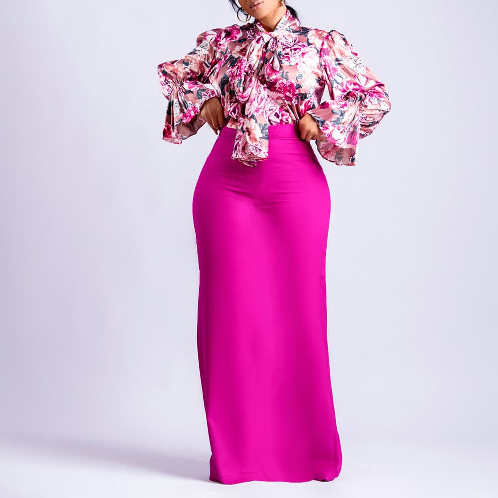 Women's Clothing Fashion Printed Strappy Long-Sleeved Shirt Skirt Long Skirt Two-Piece Set
