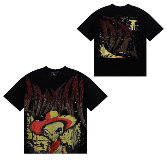 T-shirt unisexe à manches courtes, coupe ample, imprimé extraterrestre tendance style américain, orné de strass, idéal pour la rue.